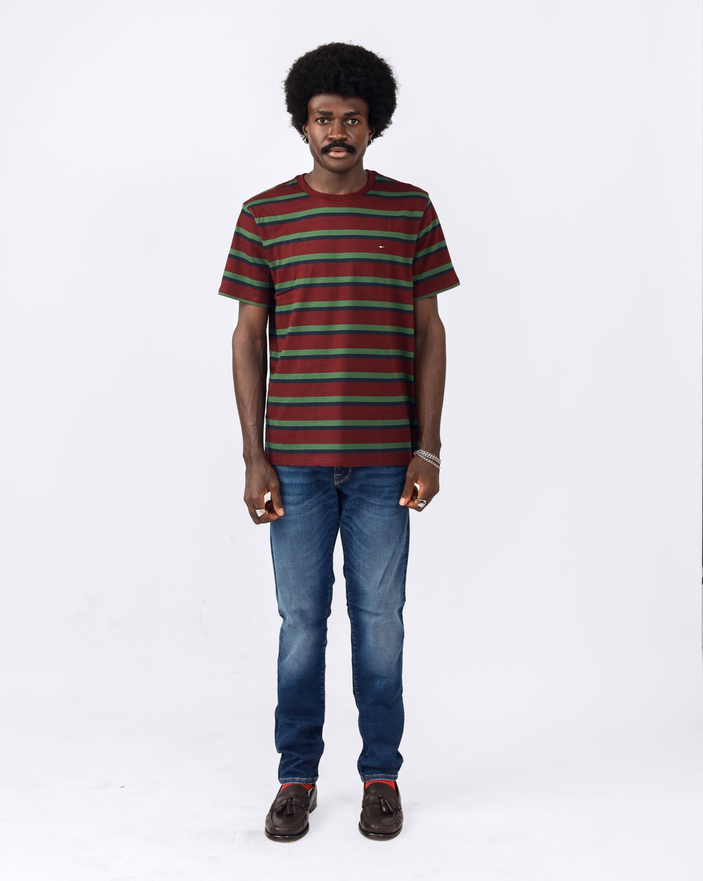 Tommy Hilfiger Red and Green Striped T-shirt