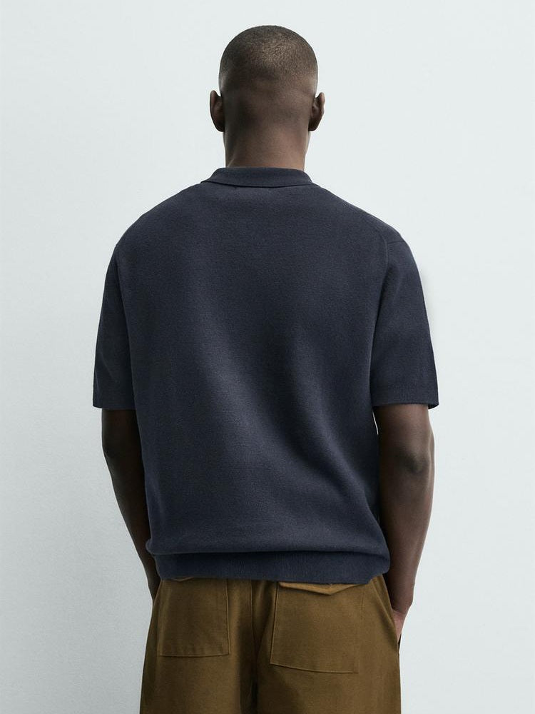 Zara Knit Zip Polo Shirt in Navy