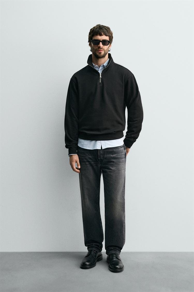 Zara Relaxed Fit Quater-Zip Sweatshirt  In Black