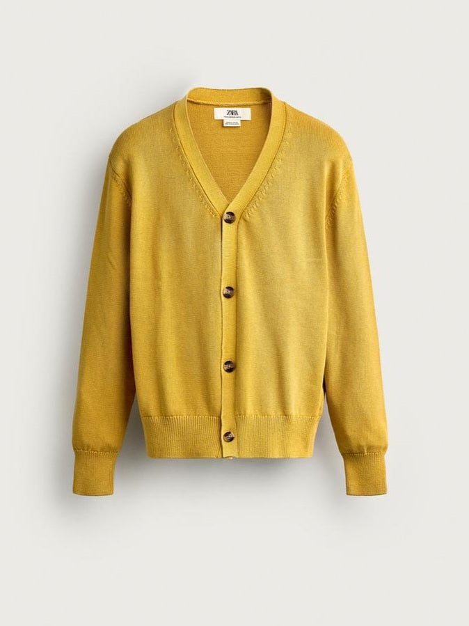 Zara Regular Fit Cotton Cardigan in Yellow