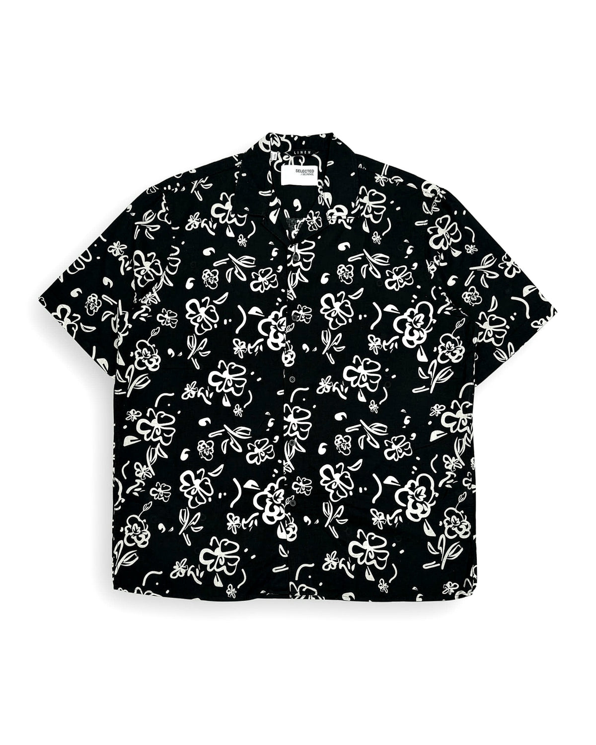 Selected Homme Cotton/Linen Pattern Shirt in Black