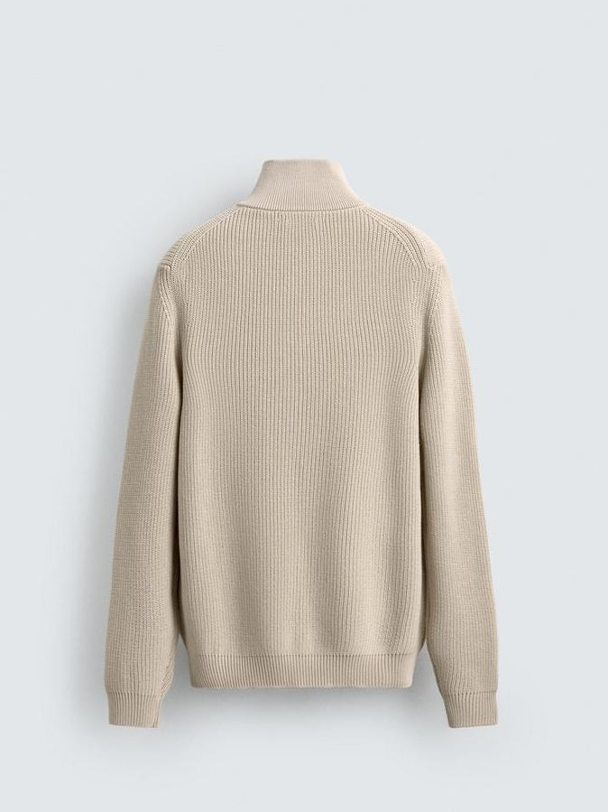 Zara Regular Fit Purl Knit Quarter-Zip Jumper Sweater In Beige