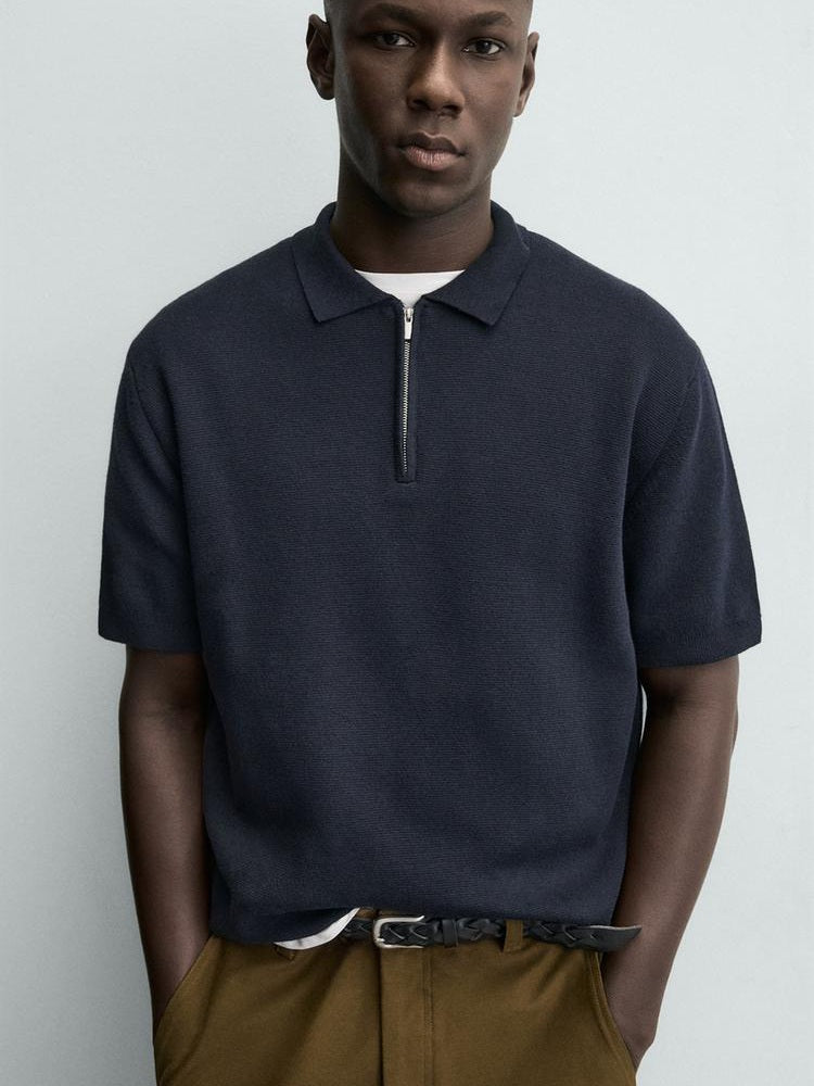 Zara Knit Zip Polo Shirt in Navy
