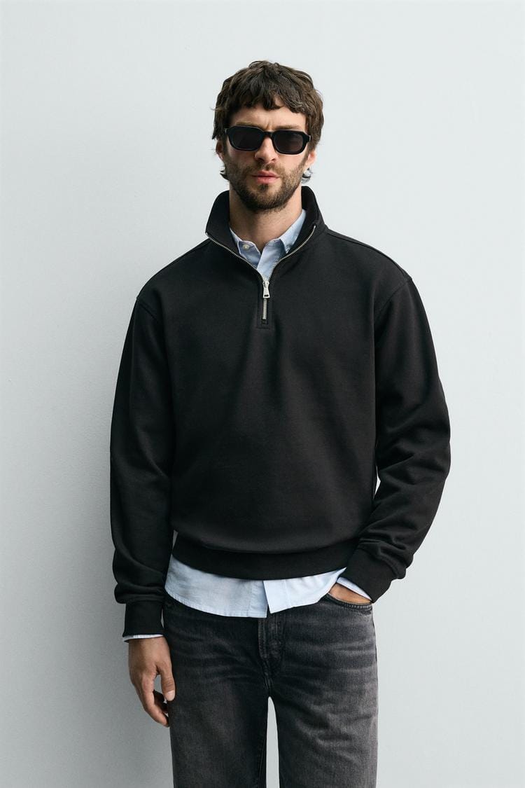 Zara Relaxed Fit Quater-Zip Sweatshirt  In Black
