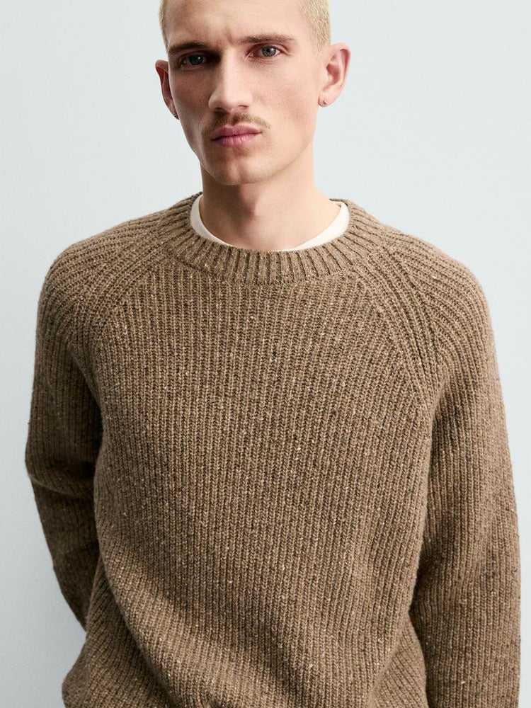 Zara Regular Fit Purl Knit Flecked Jumper Sweater In Brown