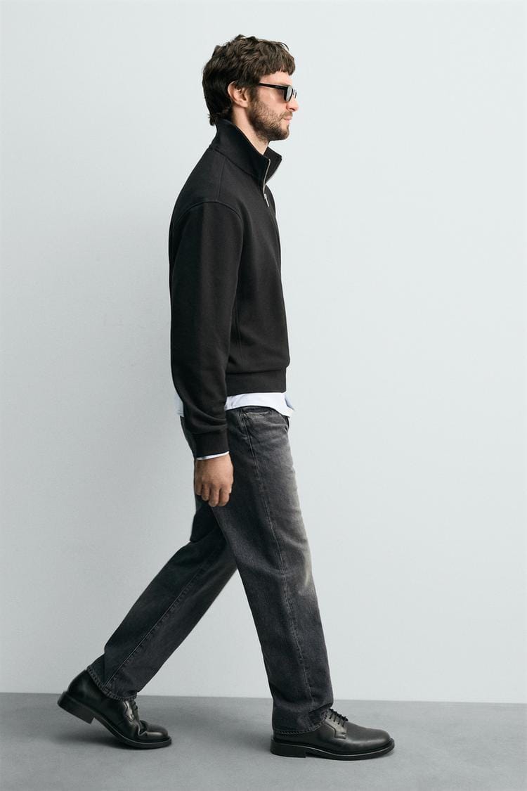 Zara Relaxed Fit Quater-Zip Sweatshirt  In Black