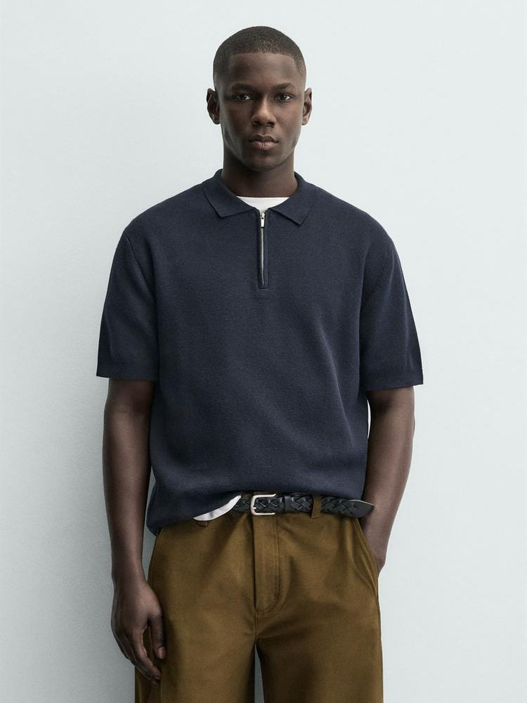 Zara Knit Zip Polo Shirt in Navy