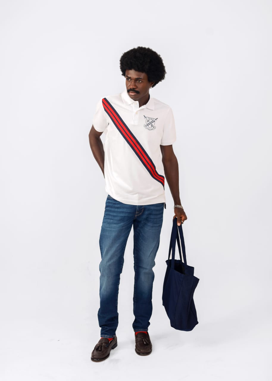 White Pique Polo With a Diagonal Sash