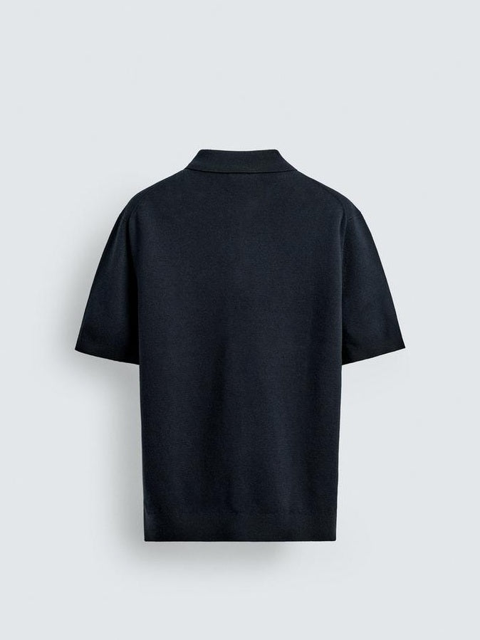 Zara Knit Zip Polo Shirt in Navy