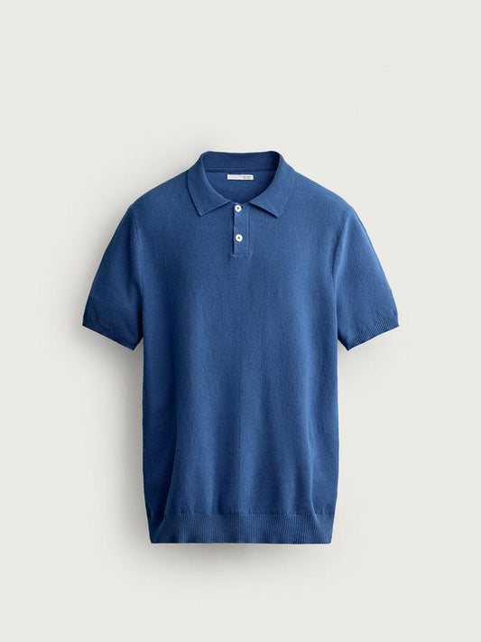Zara Regular Fit Textured Knit Polo Shirt in Blue
