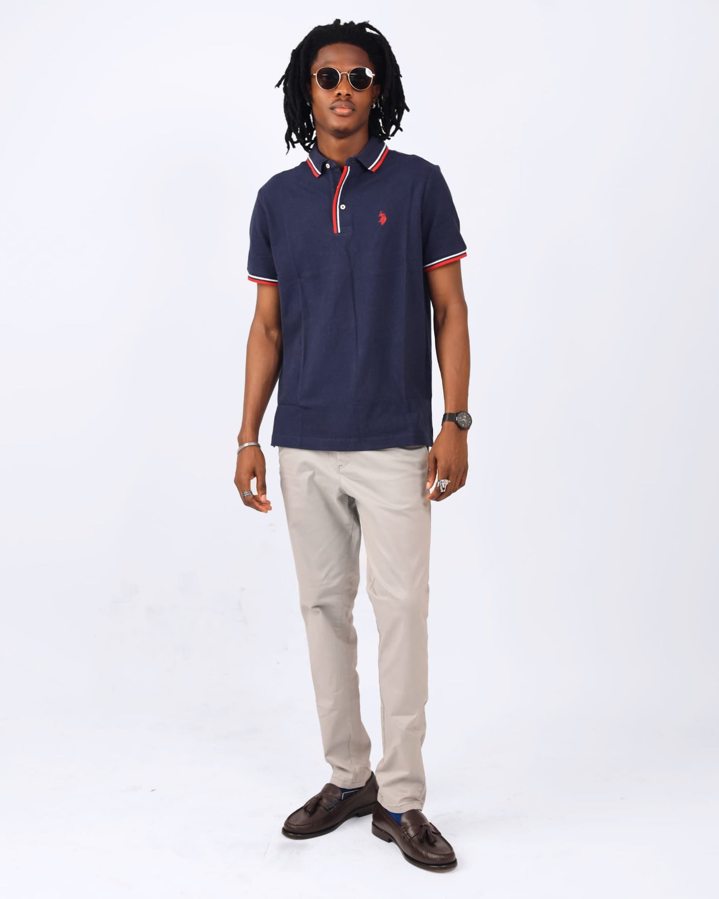 Navy Tipped Pique Cotton Polo Shirt