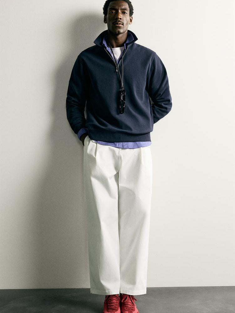 Zara Regular Fit Interlock Zip Polo Sweatshirt In Navy