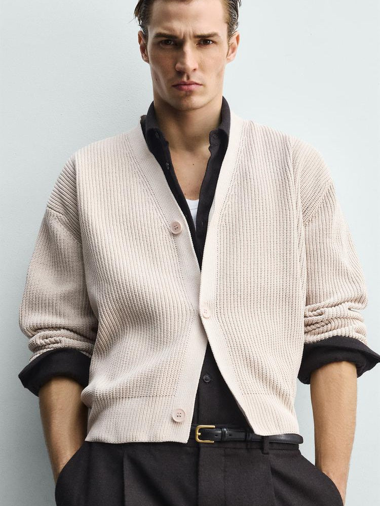 Zara Relaxed Fit Textured Cotton Cardigan In Beige