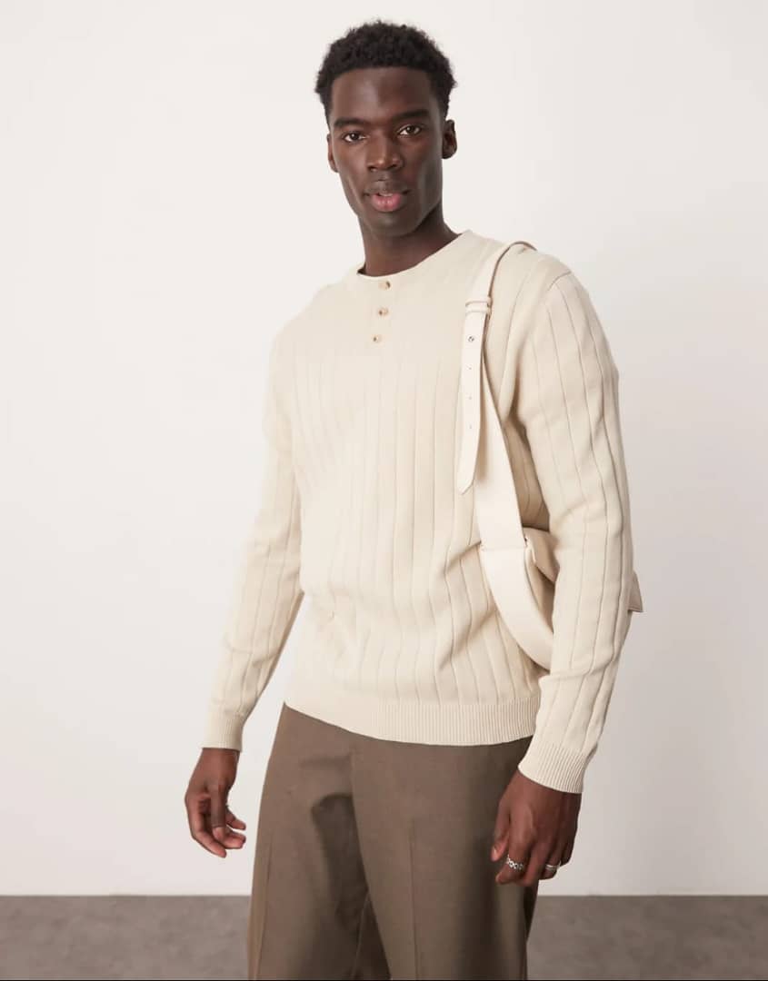 ASOS DESIGN Relaxed Knitted Wide Rib Grandad Neck Jumper (Oatmeal)