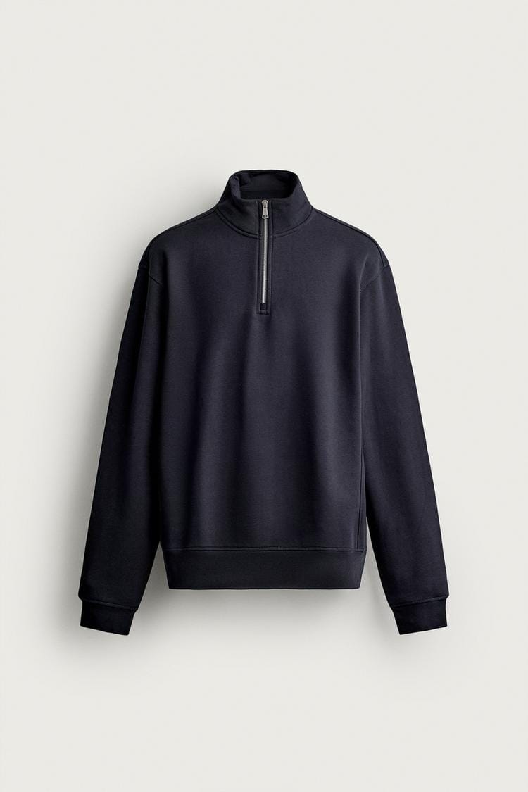 Zara Regular Fit Quater-Zip Sweatshirt In Navy