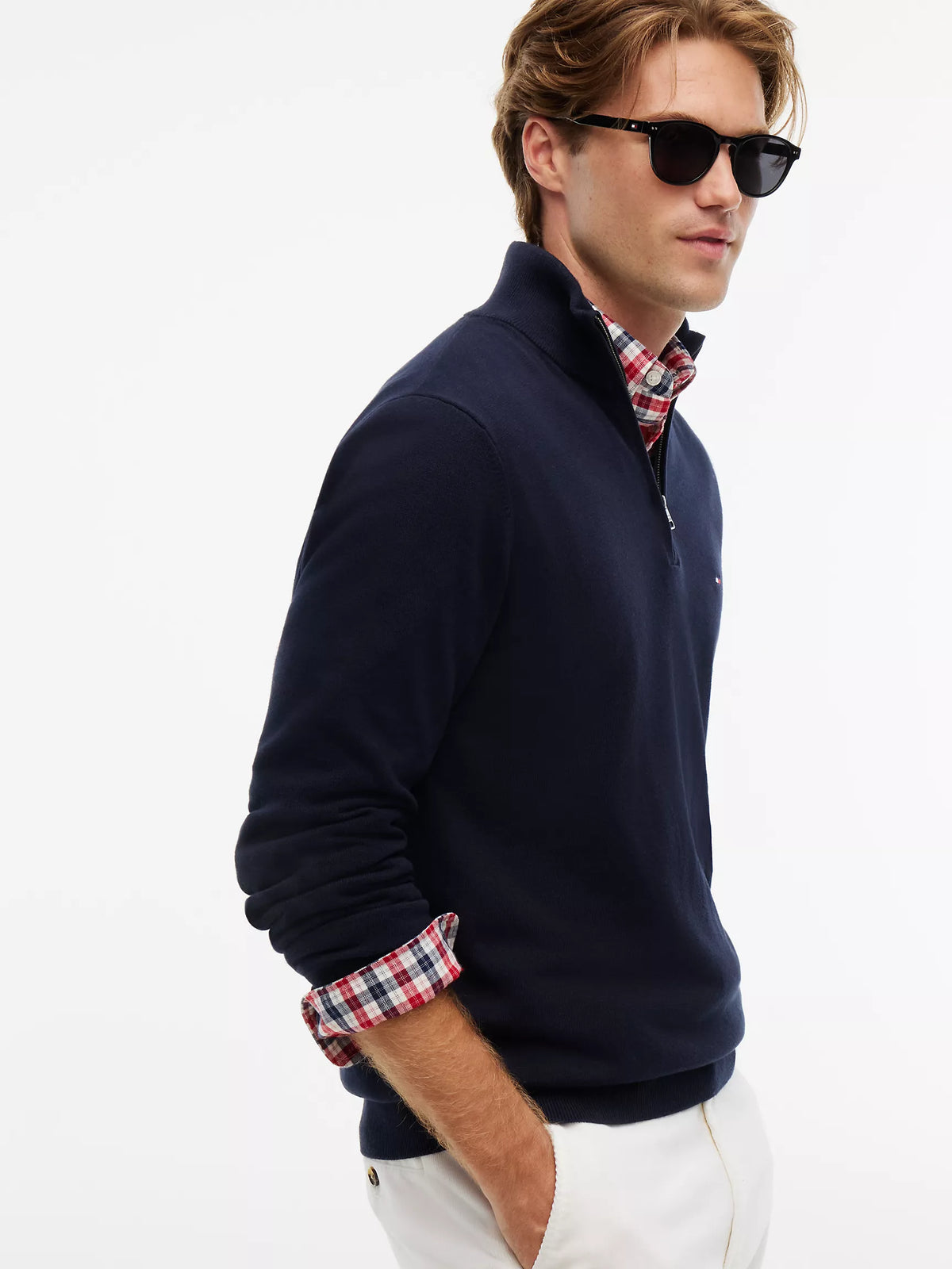 Tommy Hilfiger Regular Fit Quater-Zip Mock Neck Sweater in Navy