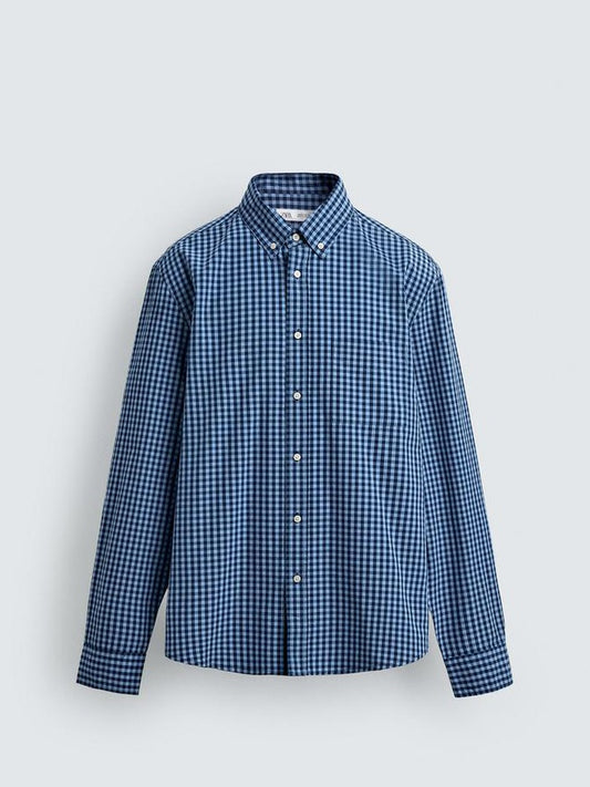 Zara Regular Fit Cotton Shirt in Blue Check
