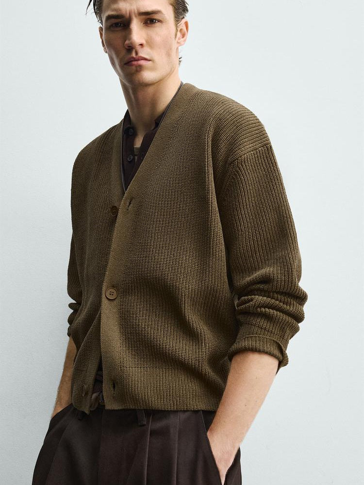 Zara Textured Relaxed Fit Cardigan in Khaki