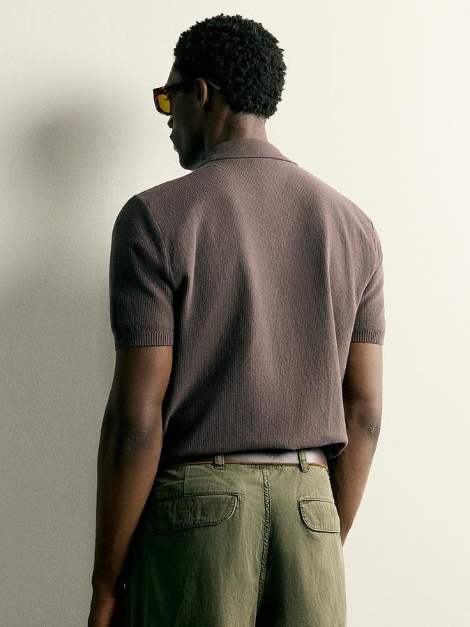 Zara Regular Fit Textured Knit Polo Shirt in Brown