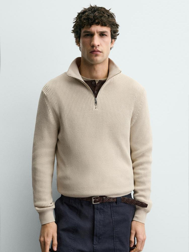 Zara Regular Fit Purl Knit Quarter-Zip Jumper Sweater In Beige
