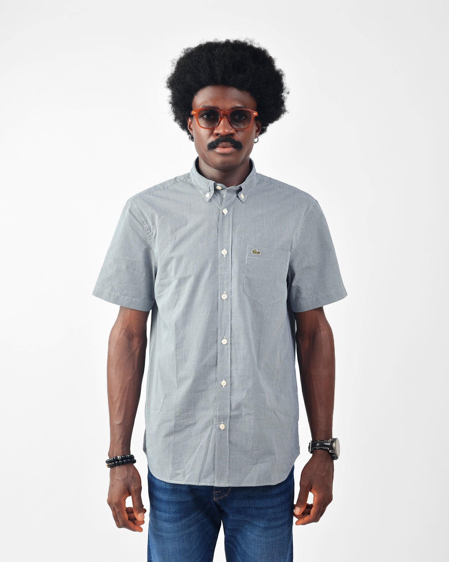 Lacoste Blue Regular Fit Short Sleeve Gingham Shirt