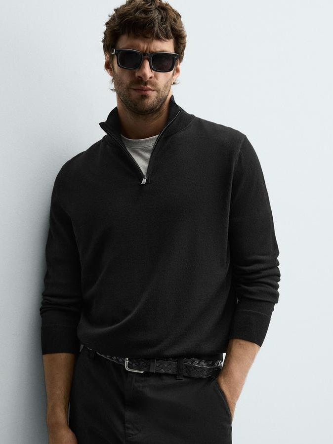 Zara Regular Fit Wool Quarter-Zip Jumper Sweater In Black