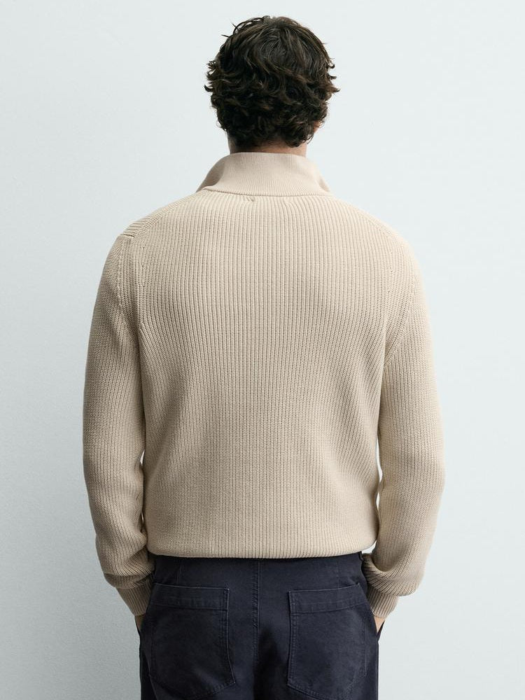 Zara Regular Fit Purl Knit Quarter-Zip Jumper Sweater In Beige