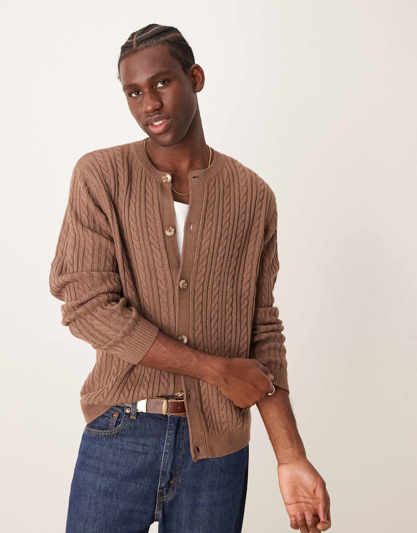 Asos Brown Cable Knitted Crew Neck Cardigan