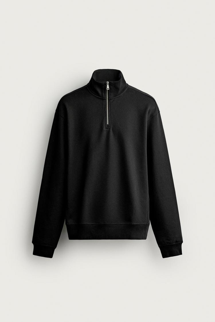 Zara Relaxed Fit Quater-Zip Sweatshirt  In Black
