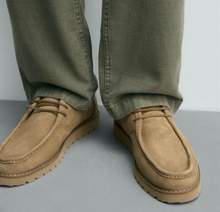 Zara Leather Moc Toe Shoe In Beige