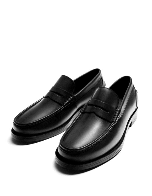 Zara Penny Strap Leather Loafers in Black