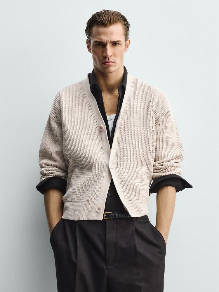 Zara Relaxed Fit Textured Cotton Cardigan In Beige