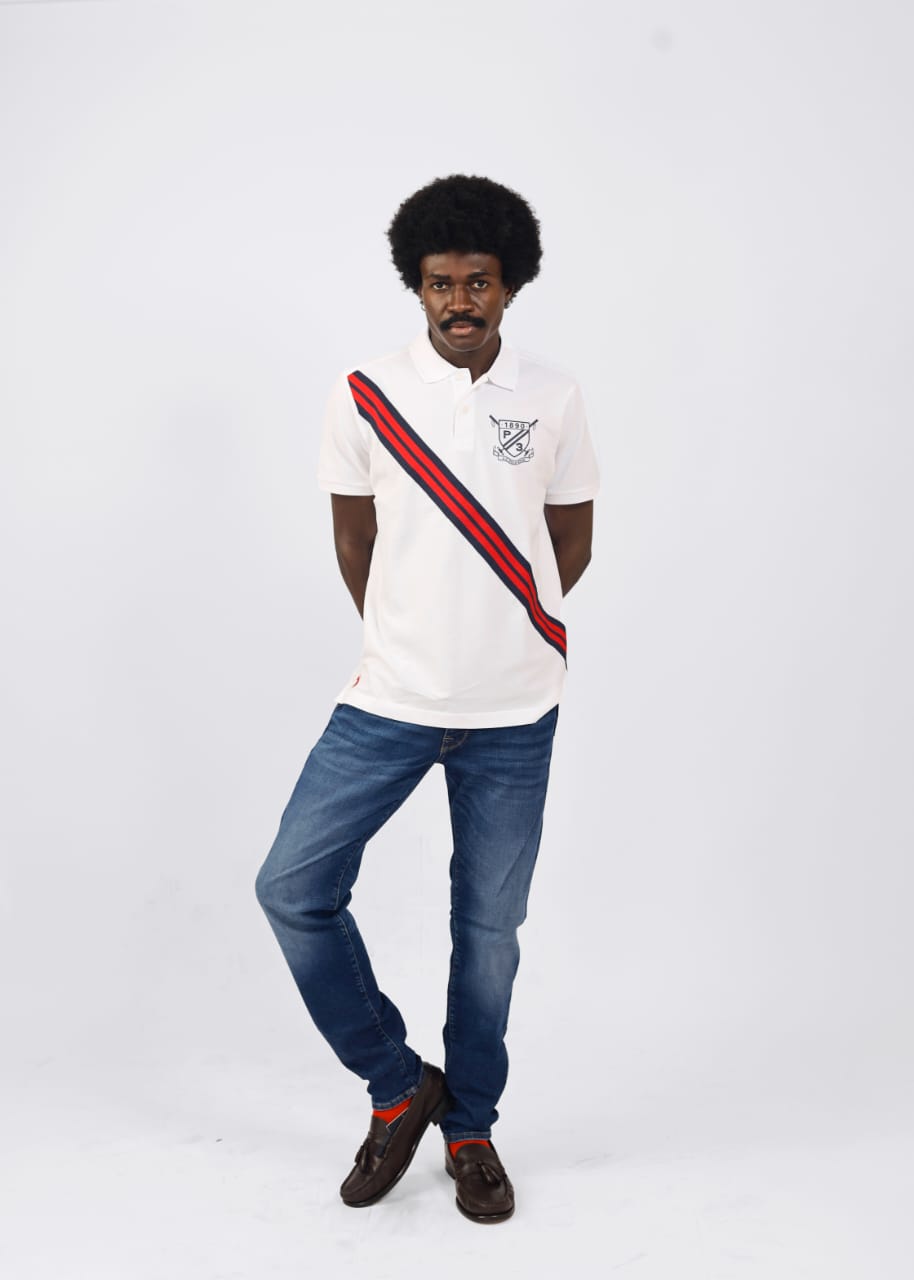 White Pique Polo With a Diagonal Sash