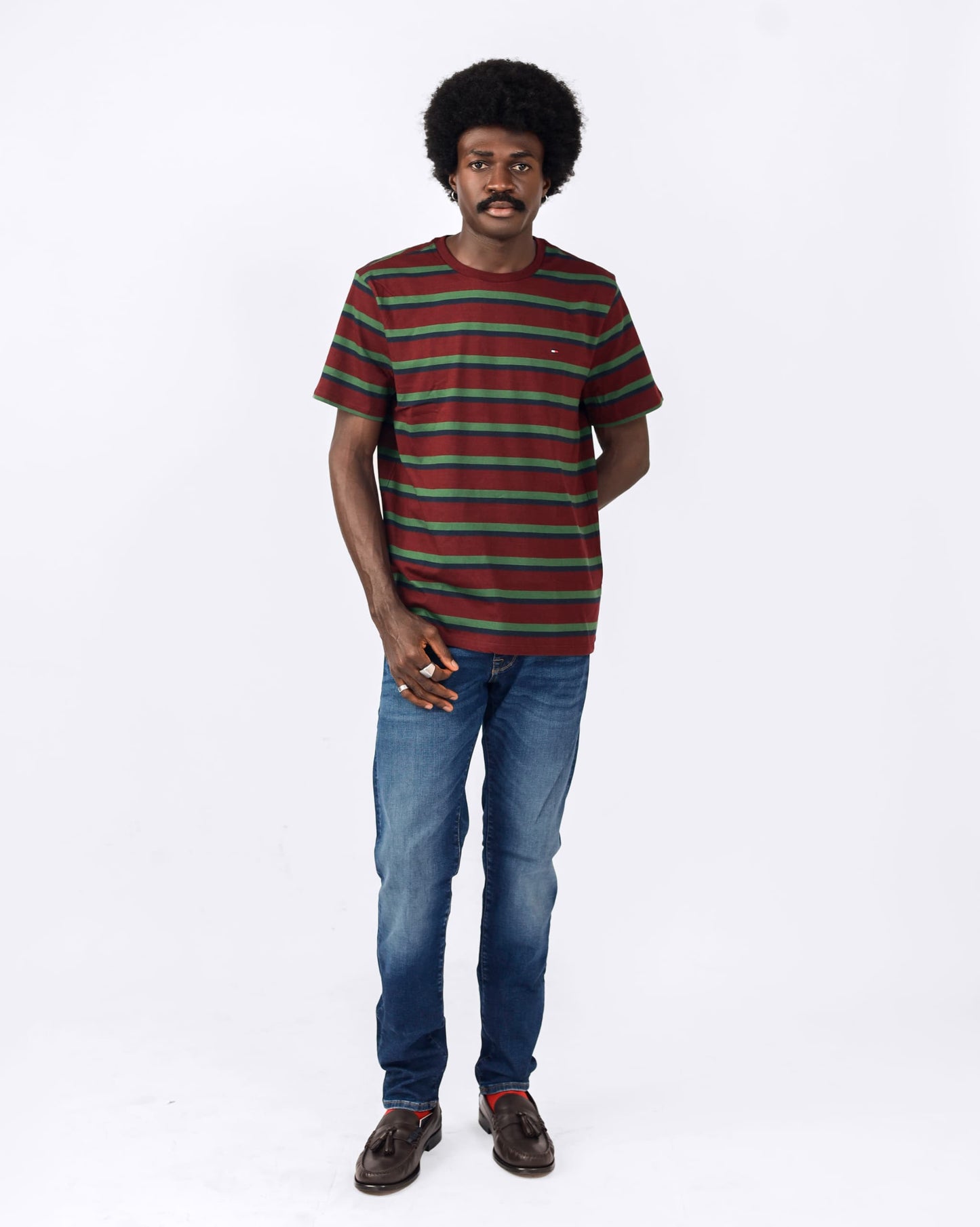 Tommy Hilfiger Red and Green Striped T-shirt
