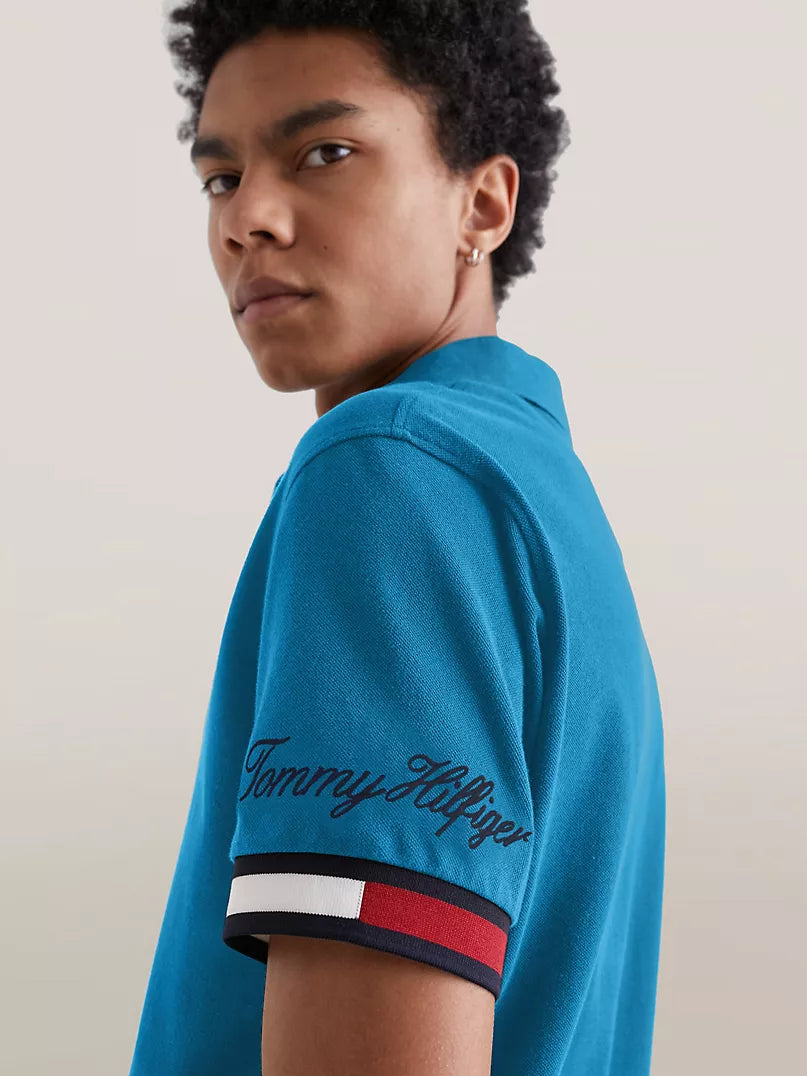 Tommy Hilfiger Blue Slim Fit Flag Cuff Polo Shirt
