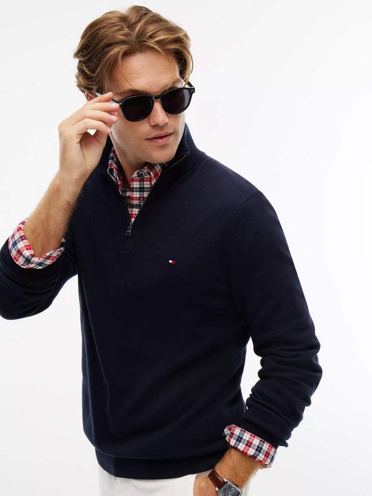 Tommy Hilfiger Regular Fit Quater-Zip Mock Neck Sweater in Navy