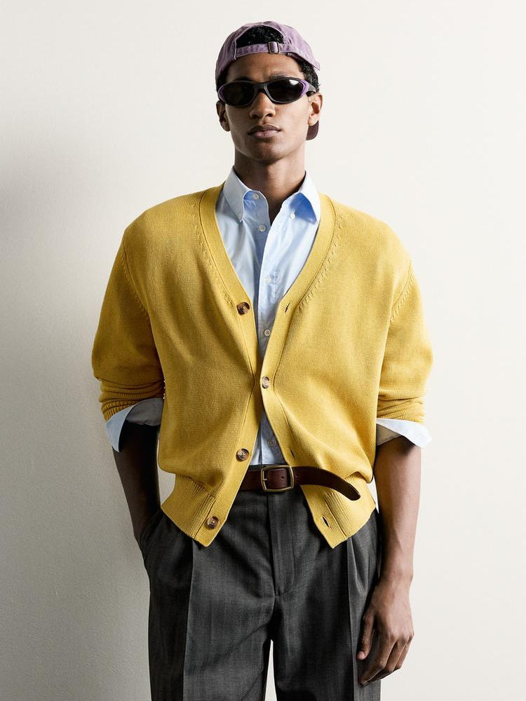 Zara Regular Fit Cotton Cardigan in Yellow