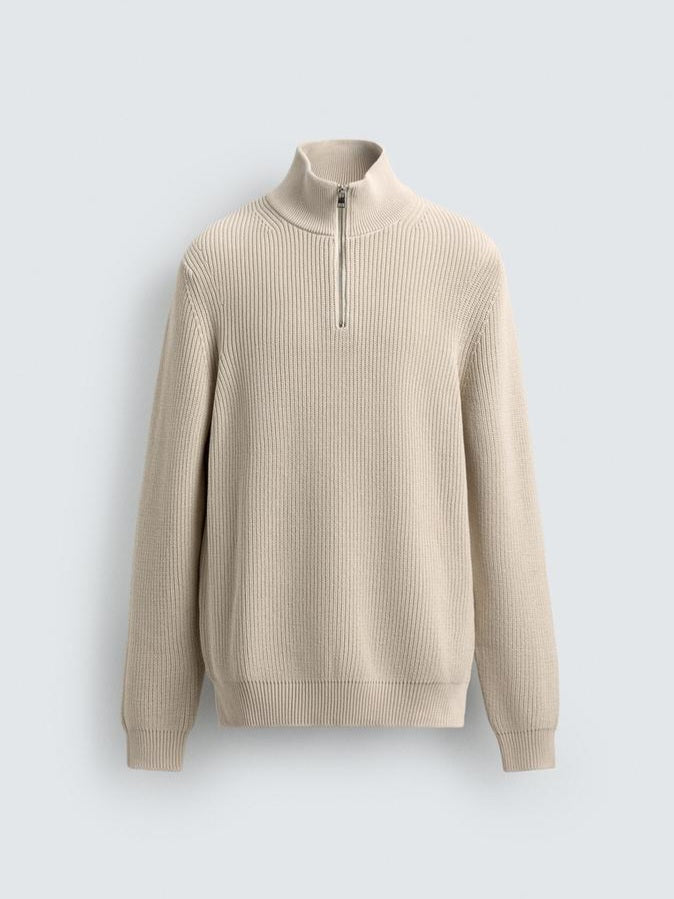 Zara Regular Fit Purl Knit Quarter-Zip Jumper Sweater In Beige