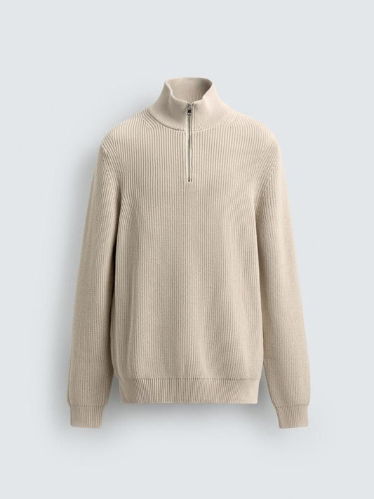 Zara Regular Fit Purl Knit Quarter-Zip Jumper Sweater In Beige