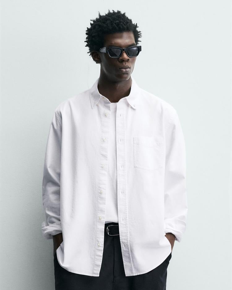 Zara White Textured Oxford Shirt
