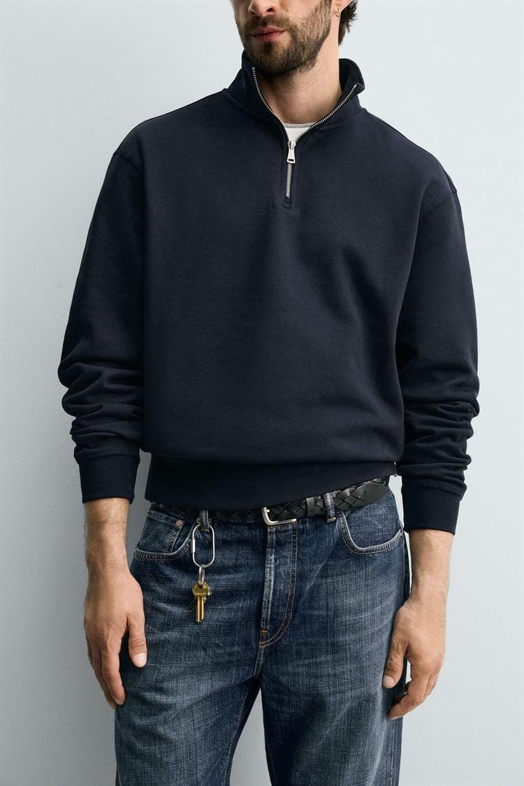 Zara Regular Fit Quater-Zip Sweatshirt In Navy