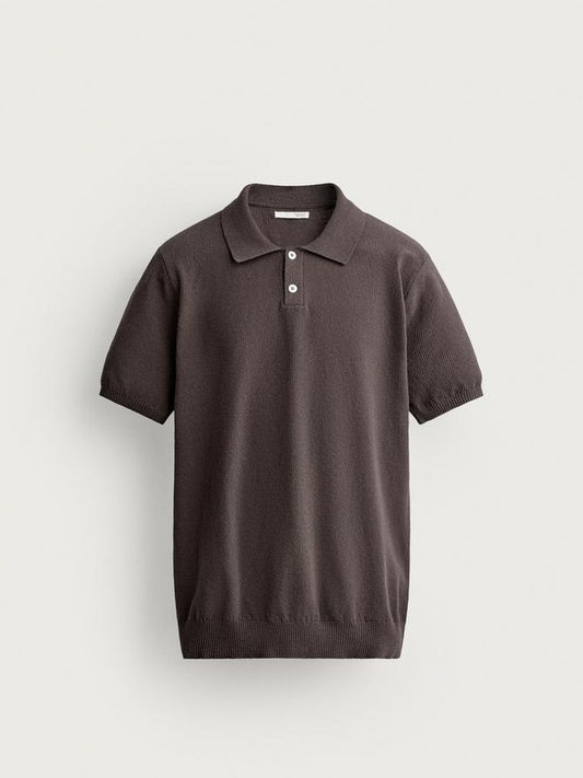 Zara Regular Fit Textured Knit Polo Shirt in Brown