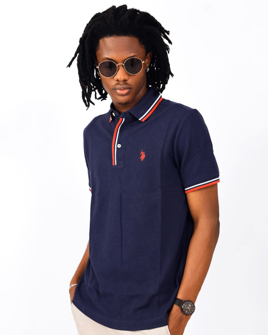 Navy Tipped Pique Cotton Polo Shirt