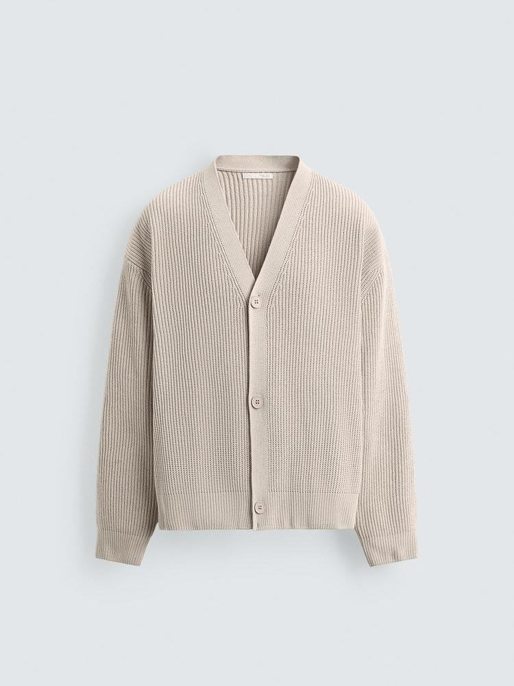 Zara Relaxed Fit Textured Cotton Cardigan In Beige