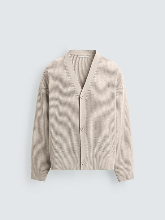 Zara Relaxed Fit Textured Cotton Cardigan In Beige