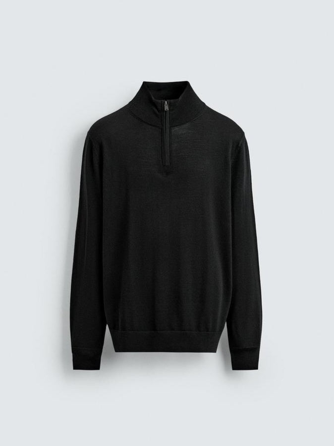 Zara Regular Fit Wool Quarter-Zip Jumper Sweater In Black