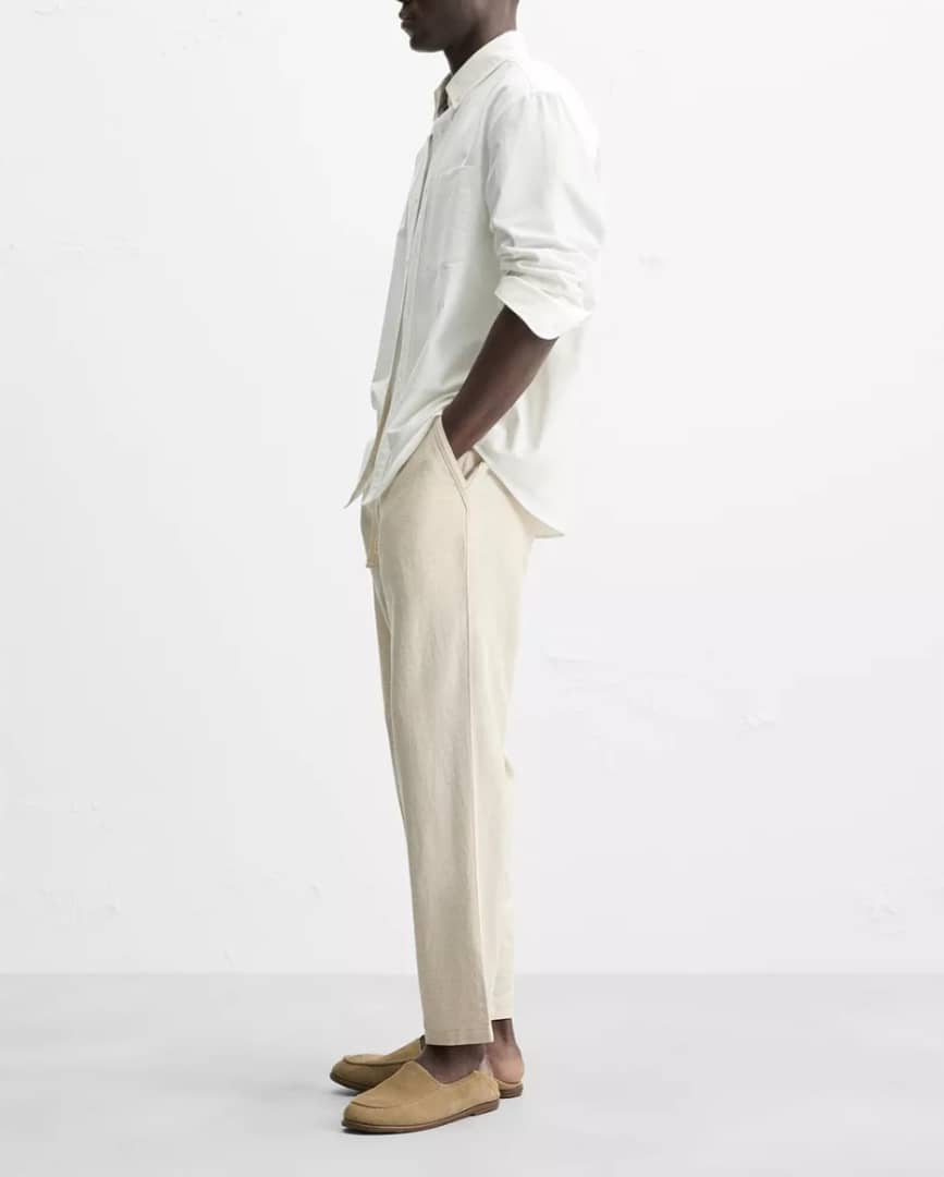 Zara Relaxed Fit Linen Trousers (Beige)