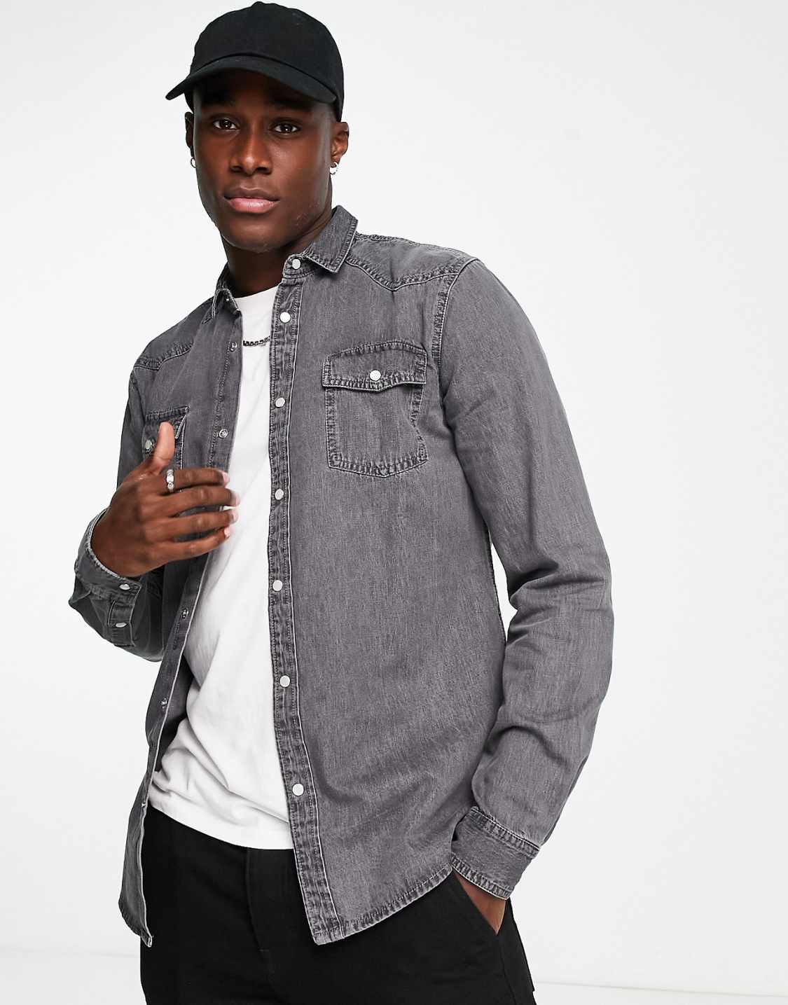 New Look Regular Fit Western Denim Shirt in Grey