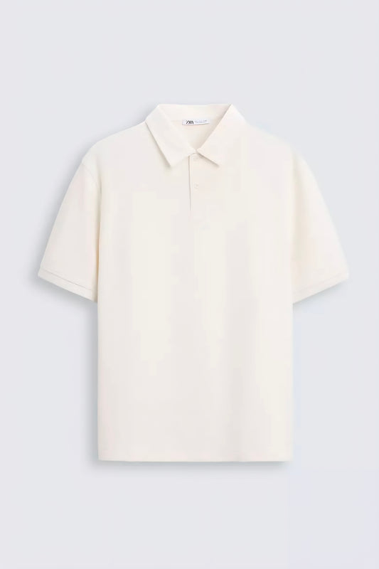 Zara Textured Polo Shirt in Beige