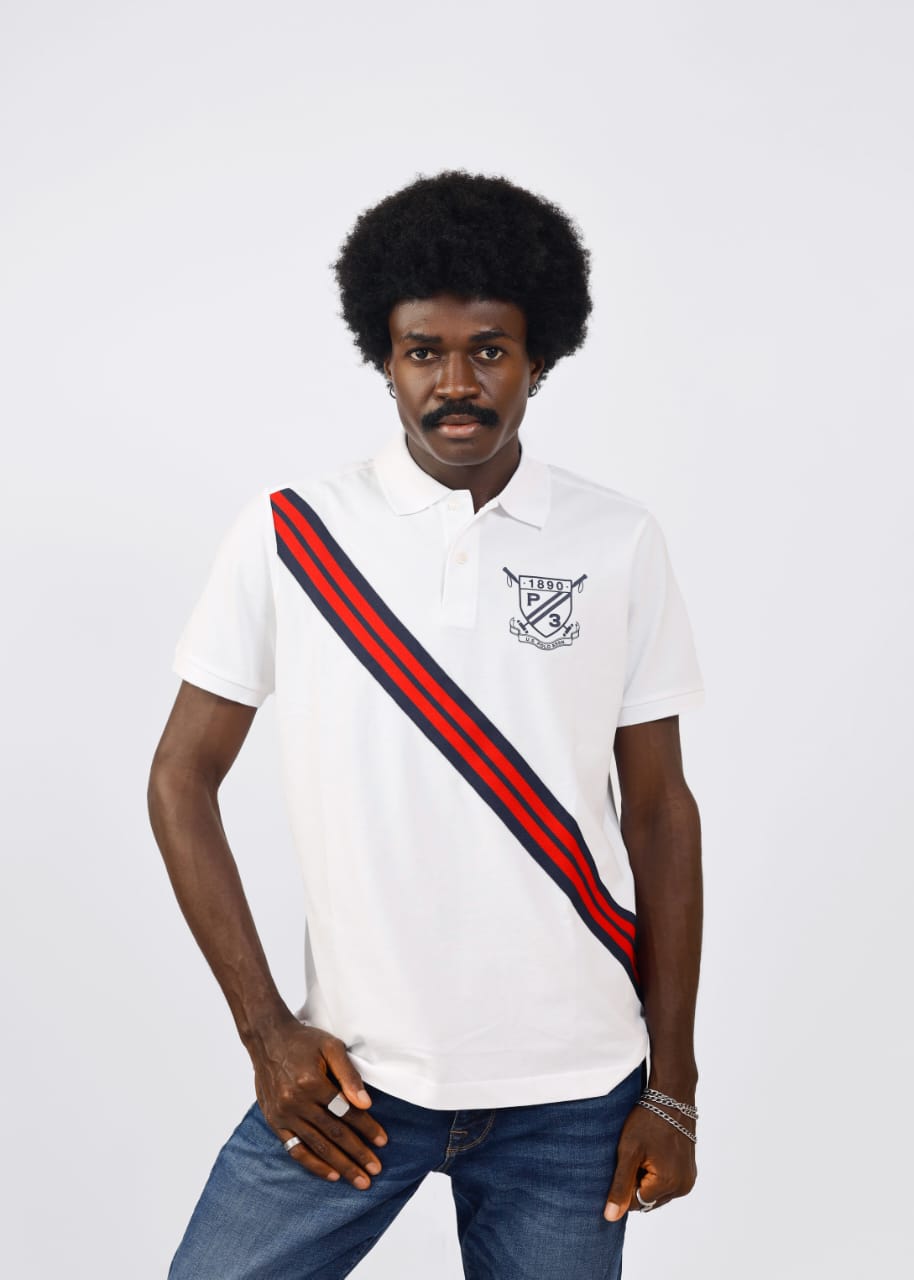 White Pique Polo With a Diagonal Sash